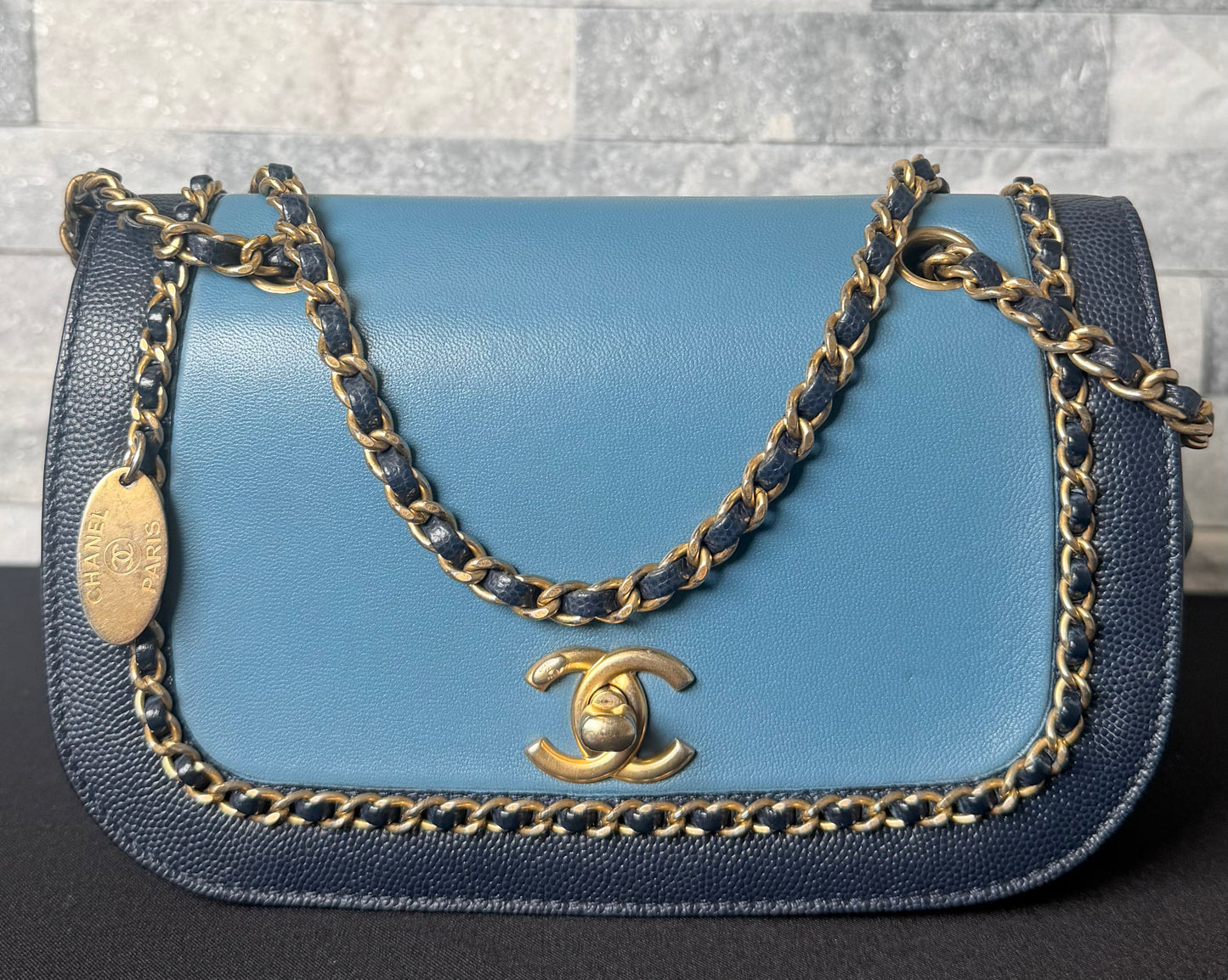 Chanel CC GHW Chain Shoulder Bag Blue Calfskin Leather