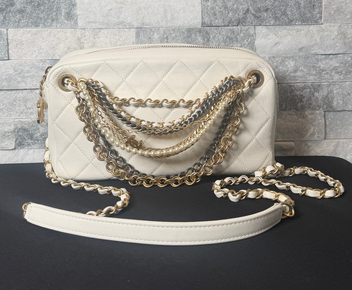 Chanel Quilted Lambskin Pearl Chain Camera Bag