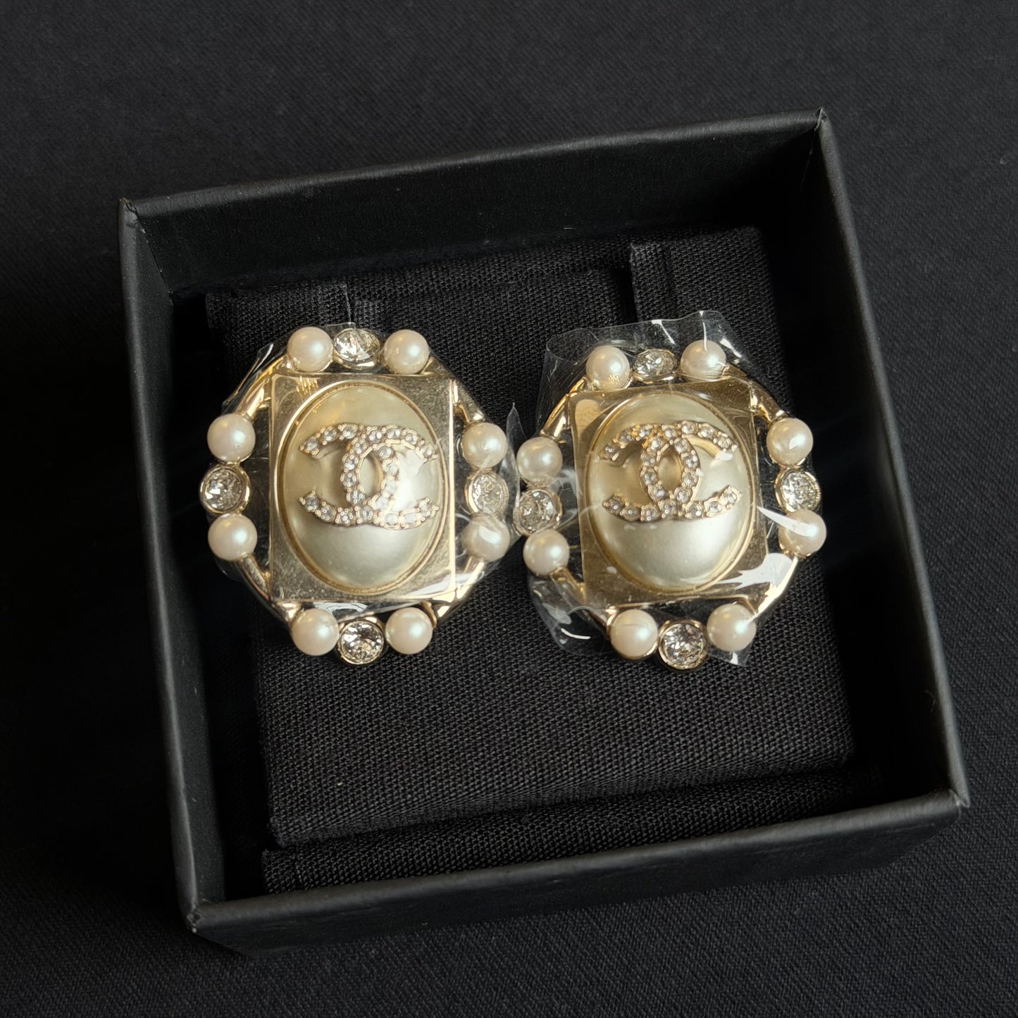 Chanel Pearl & Crystal CC Medallion Stud Earrings