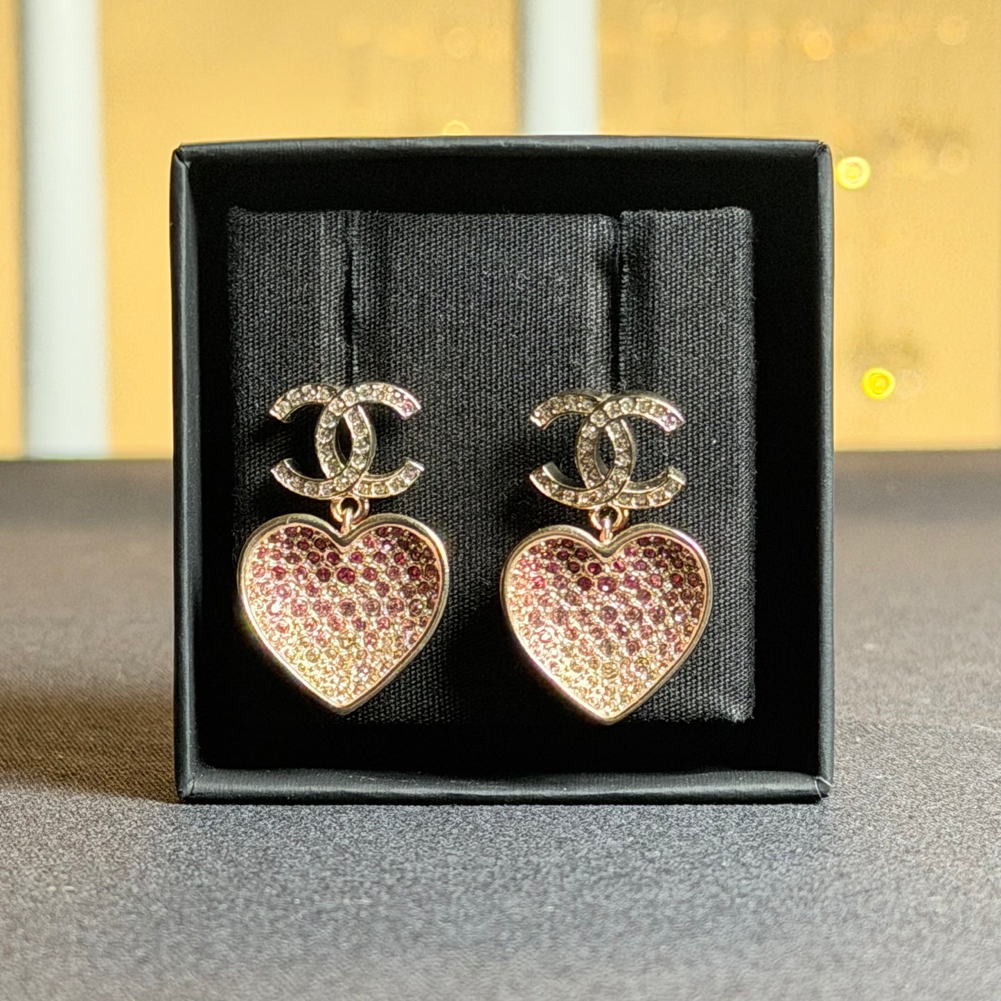 Chanel CC Pink Resin Heart Drop Earrings in Gold-Tone Metal