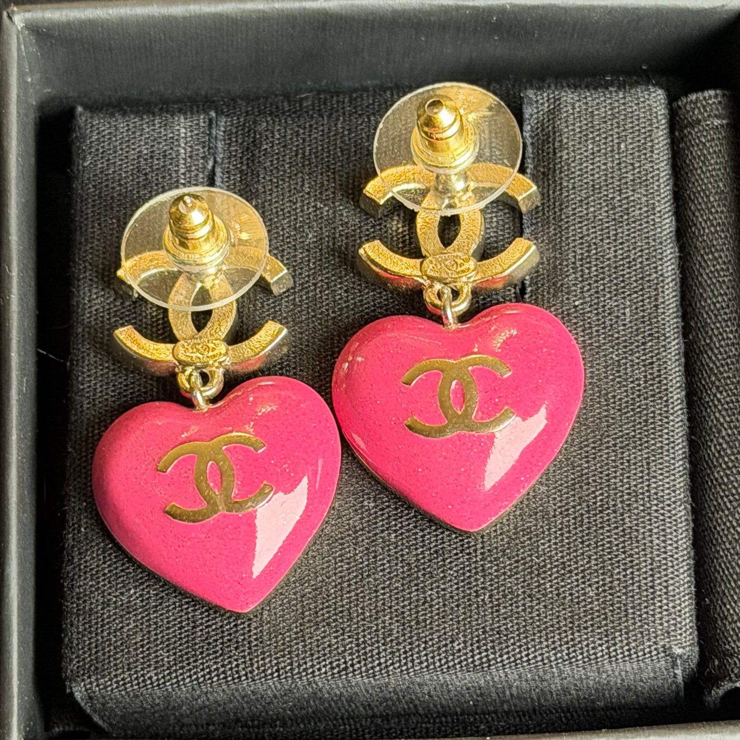 Chanel CC Pink Resin Heart Drop Earrings in Gold-Tone Metal