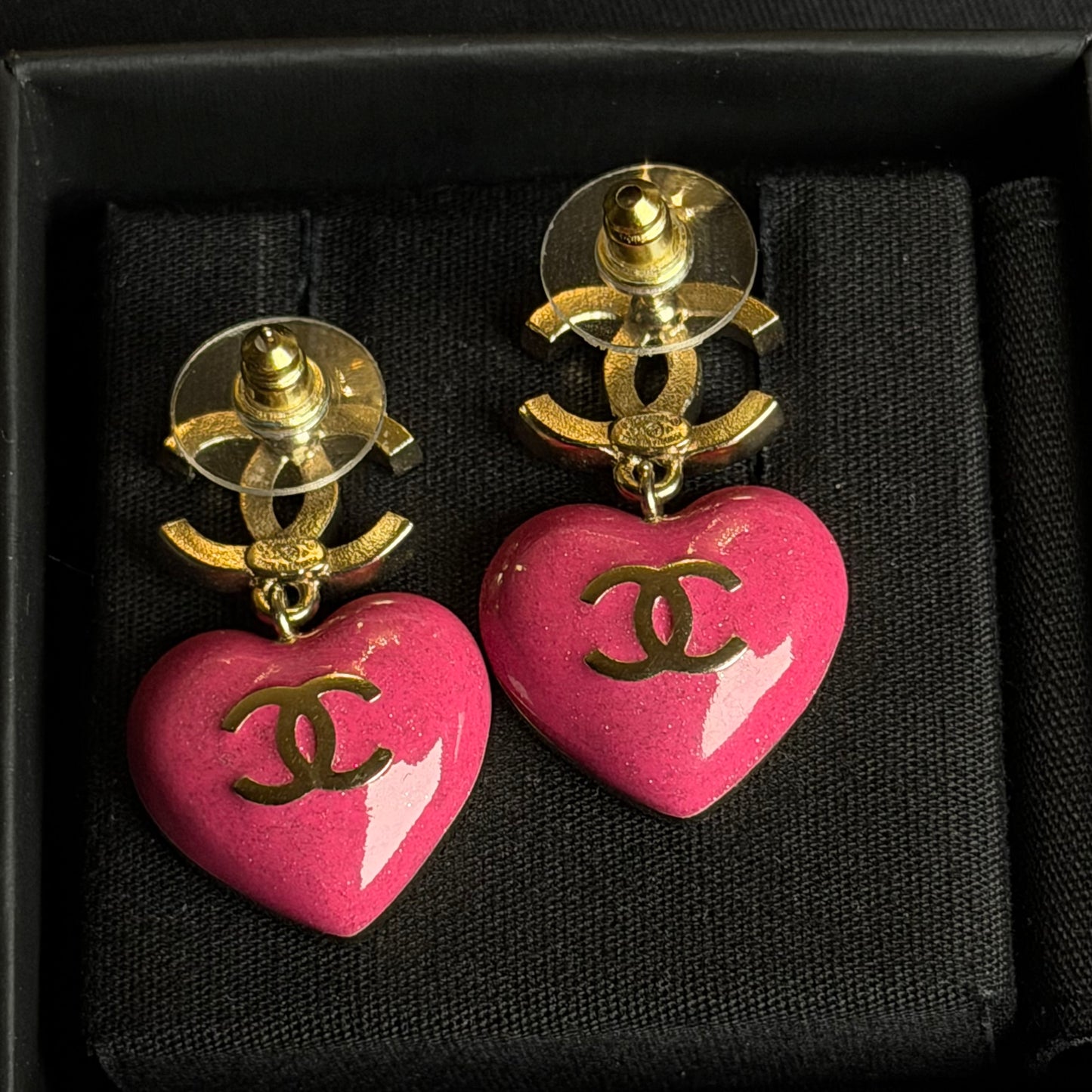 Chanel CC Pink Resin Heart Drop Earrings in Gold-Tone Metal