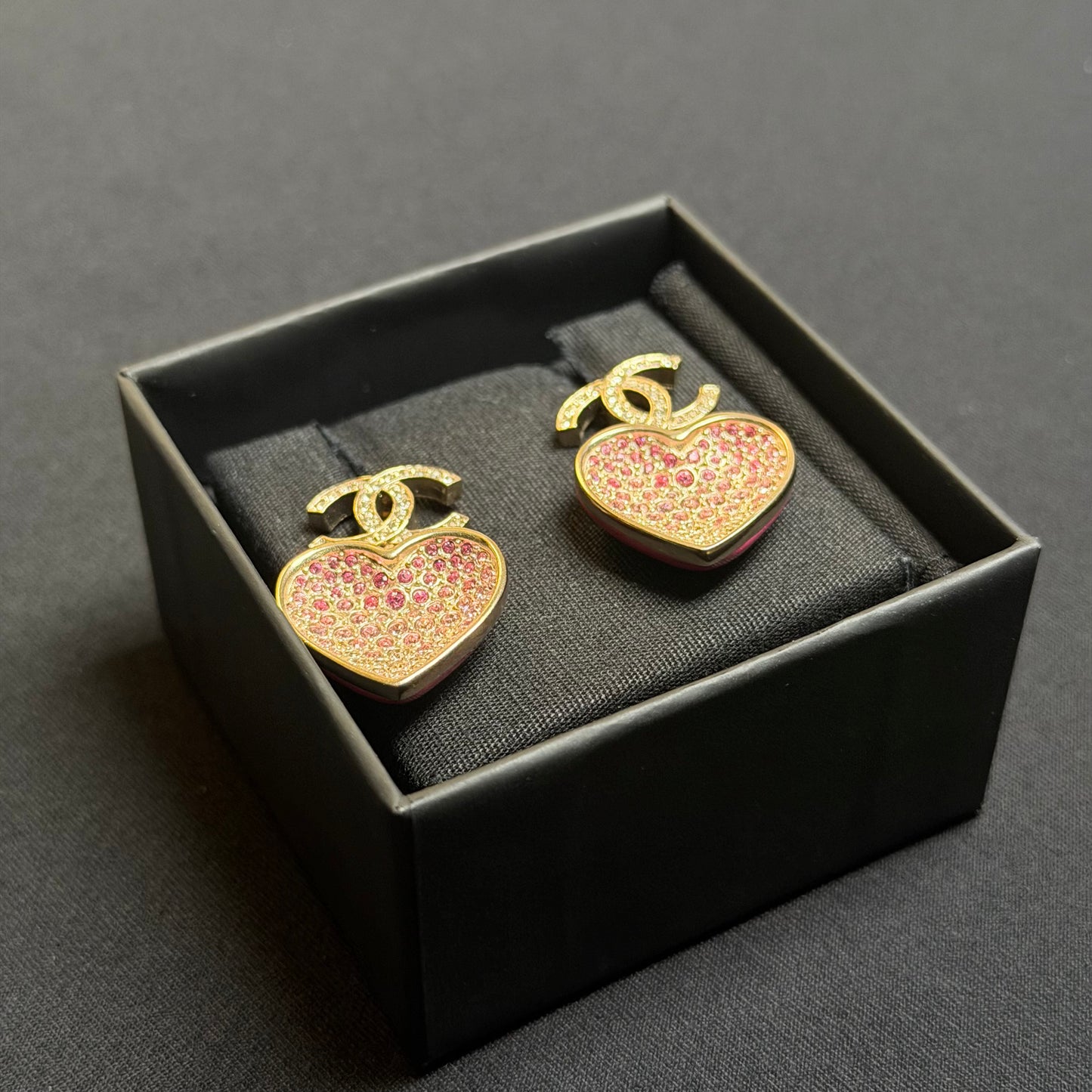 Chanel CC Pink Resin Heart Drop Earrings in Gold-Tone Metal