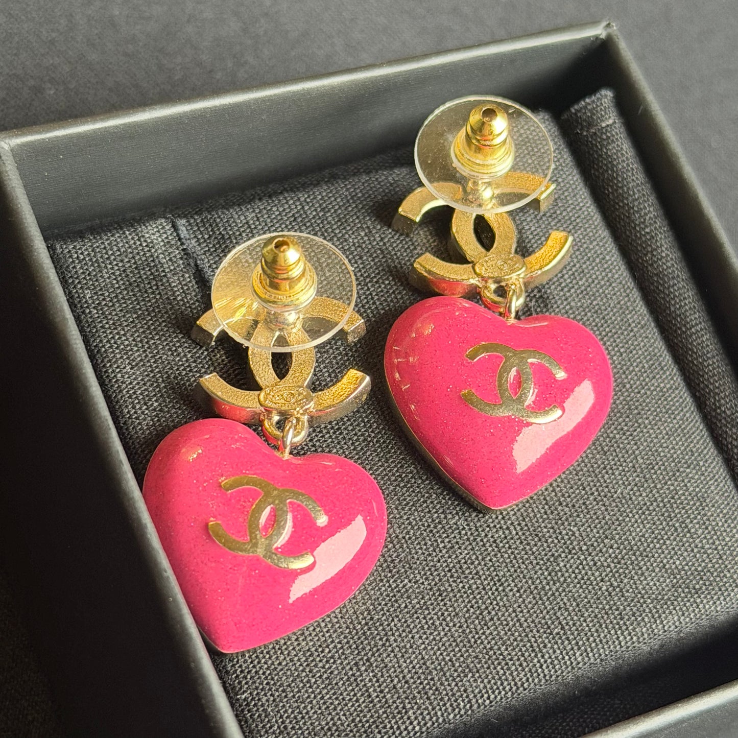 Chanel CC Pink Resin Heart Drop Earrings in Gold-Tone Metal