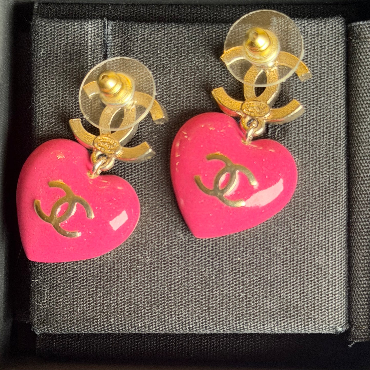 Chanel CC Pink Resin Heart Drop Earrings in Gold-Tone Metal