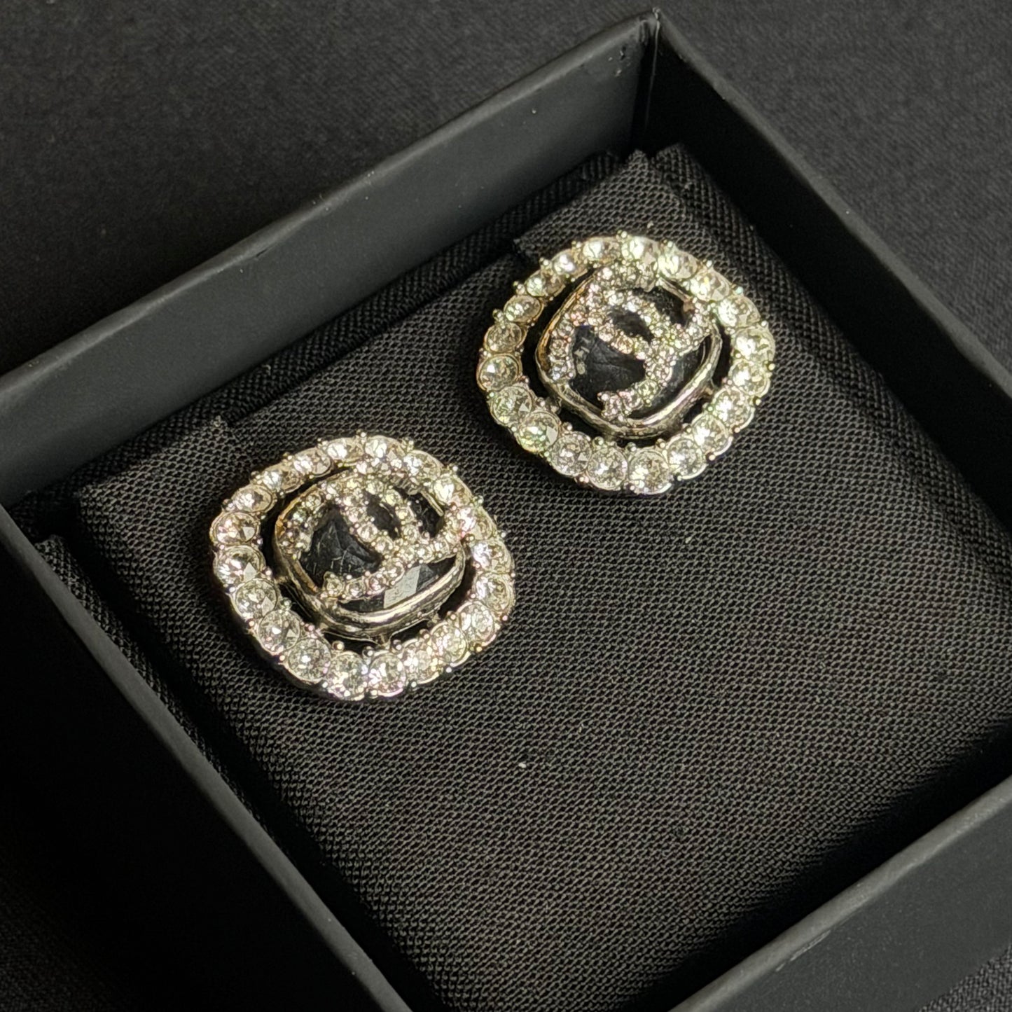 Chanel C20C Crystal Halo CC Stud Earrings – Silver-Tone