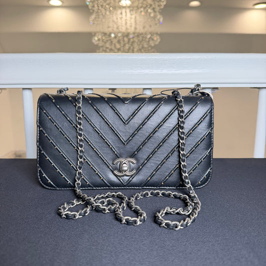 Chanel Chevron Studded Flap Wallet on Chain (WOC) in Black Lambskin Leather