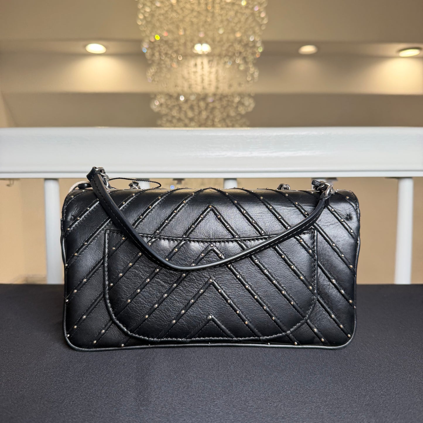 Chanel Chevron Studded Flap Wallet on Chain (WOC) in Black Lambskin Leather