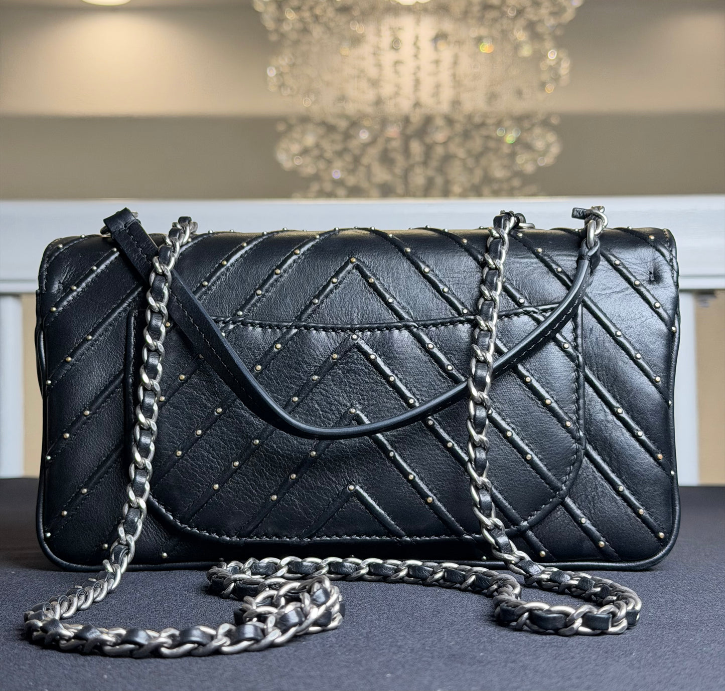 Chanel Chevron Studded Flap Wallet on Chain (WOC) in Black Lambskin Leather