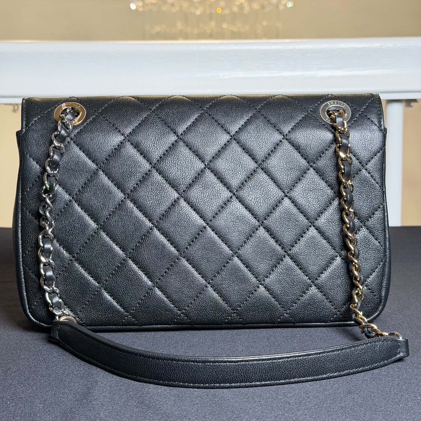 Chanel CC Turnlock Flap Chain Wallet in Black Quilted Lambskin Leather