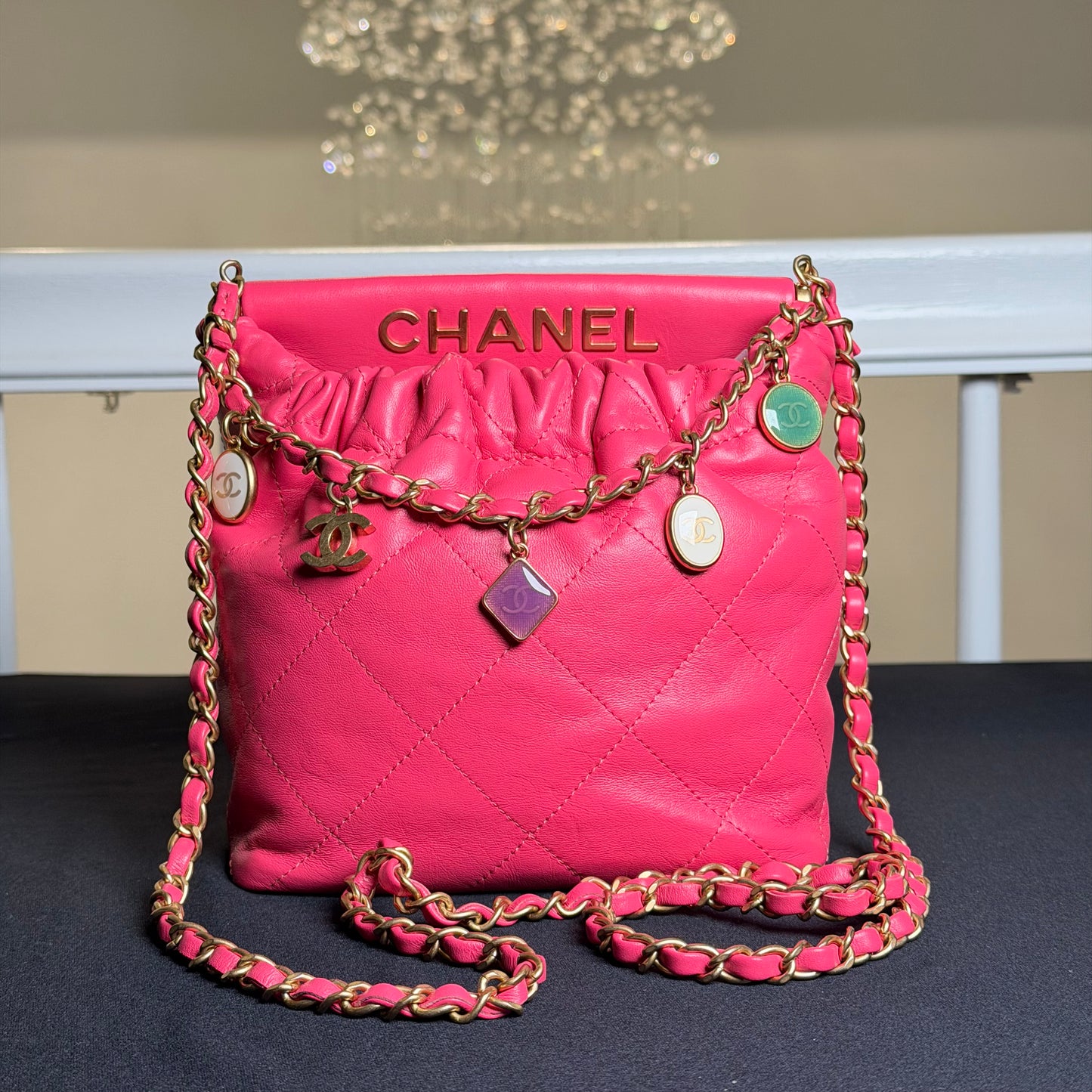 Chanel 2023 Mini Resin Charms Bag in Pink Quilted Lambskin Leather