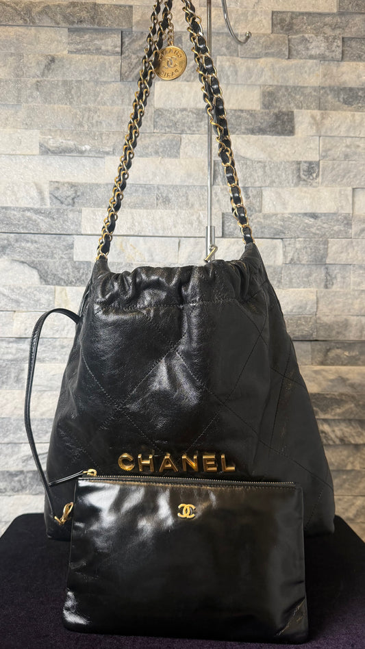 Chanel 22 Small Shiny Calfskin Leather Chain Shoulder Bag Black Gold Hardware