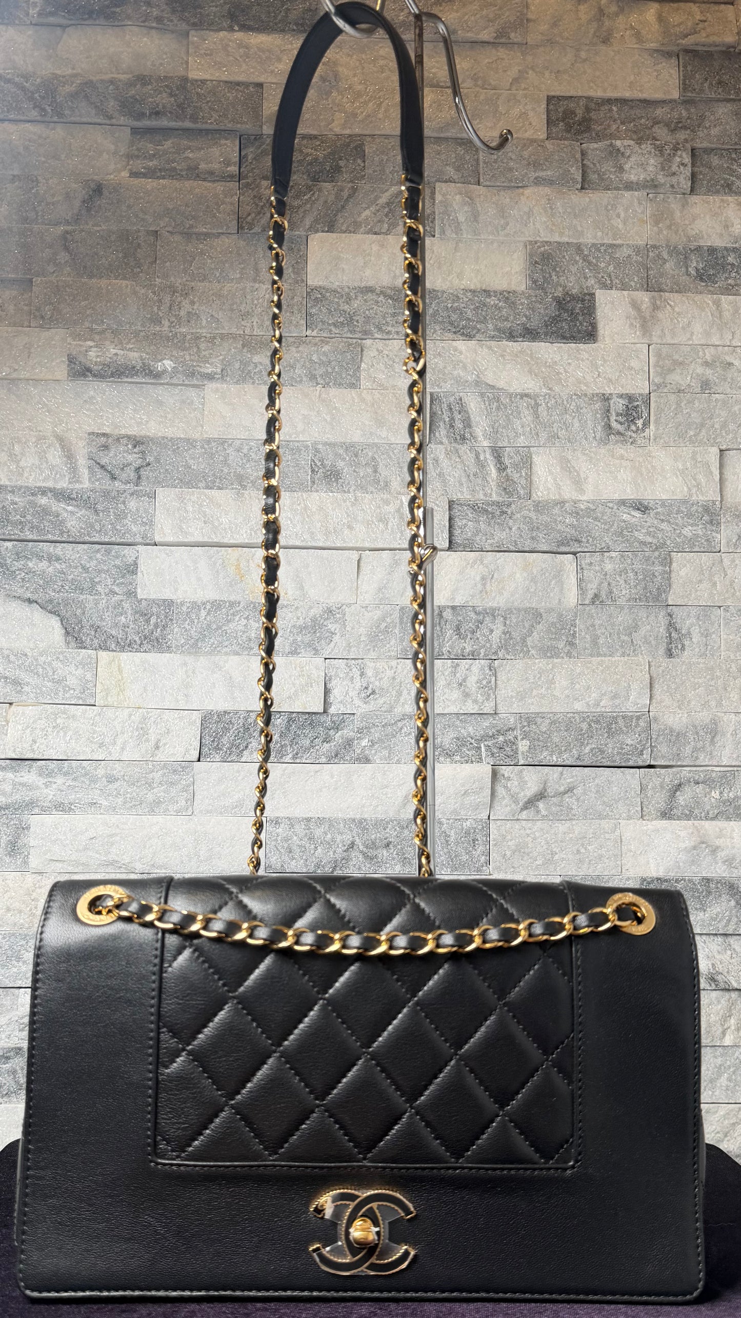 Chanel Sheepskin Quilted Vintage Mademoiselle Flap Bag Black Gold Hardware