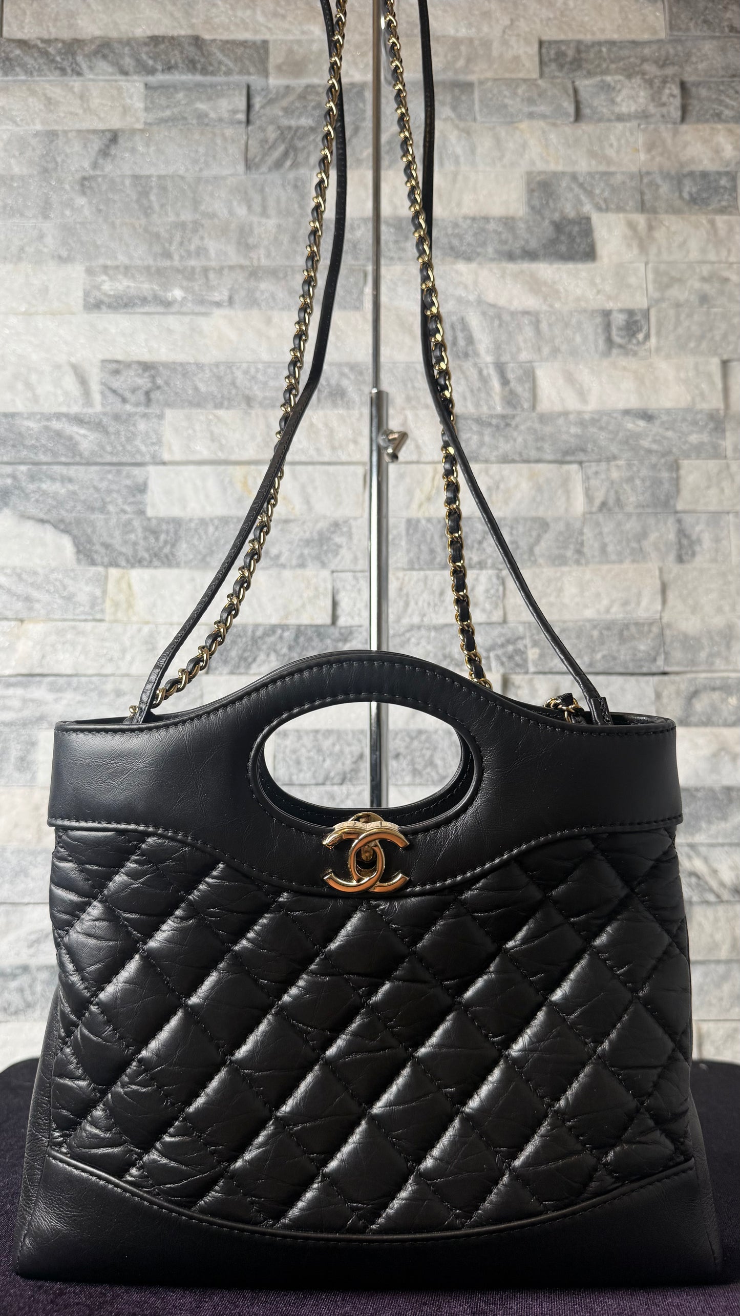 Chanel 31 Mini Shopping Bag Black Quilted Lambskin Gold Hardware