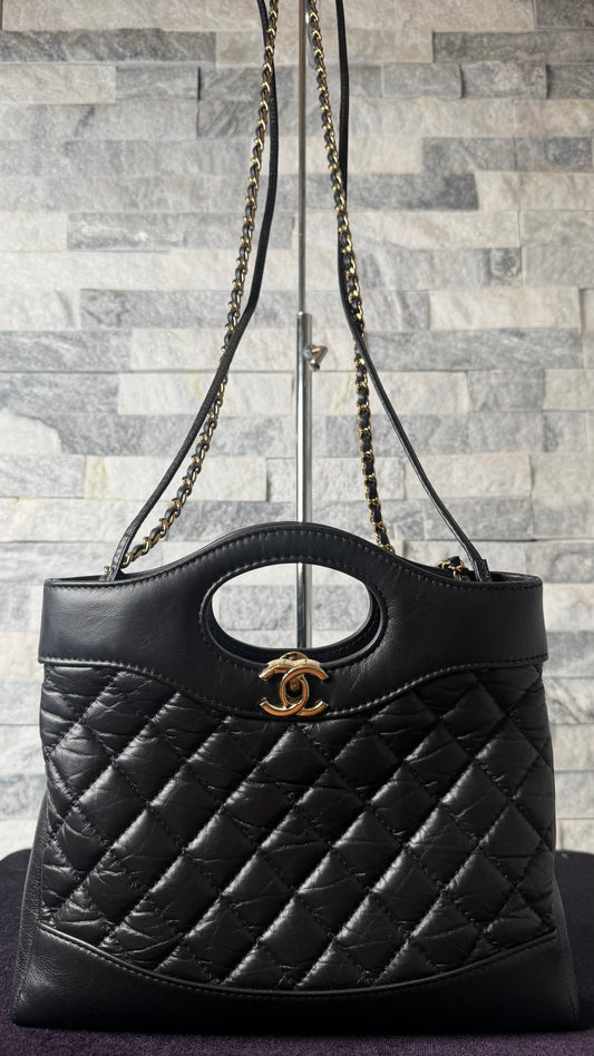 Chanel 31 Mini Shopping Bag Black Quilted Lambskin Gold Hardware