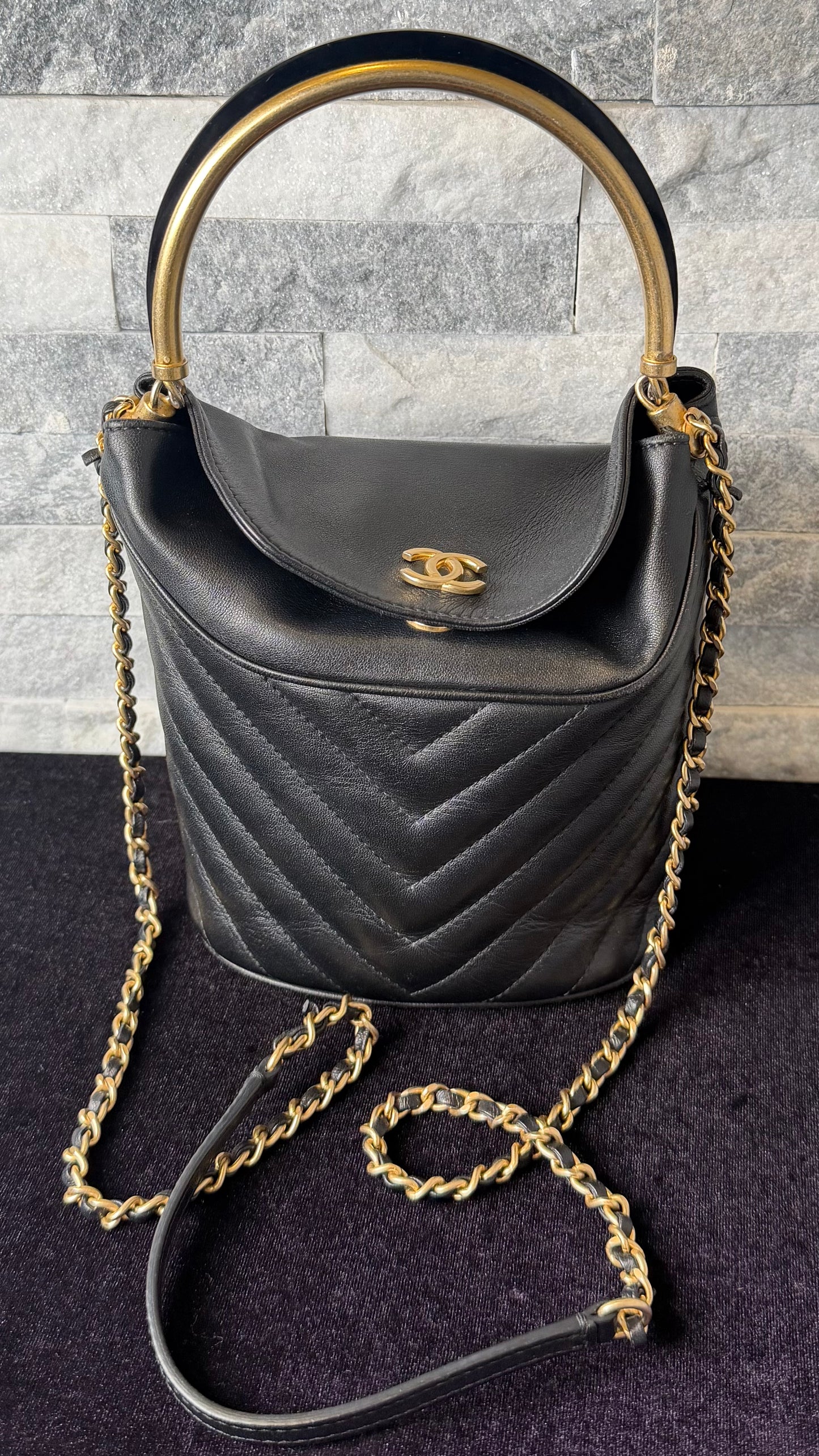 Chanel Chic Bucket Bag with Top Handle Black Chevron Lambskin Gold Hardware