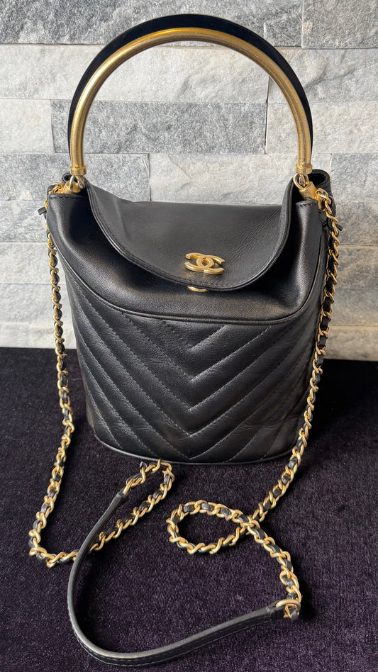 Chanel Chic Bucket Bag with Top Handle Black Chevron Lambskin Gold Hardware