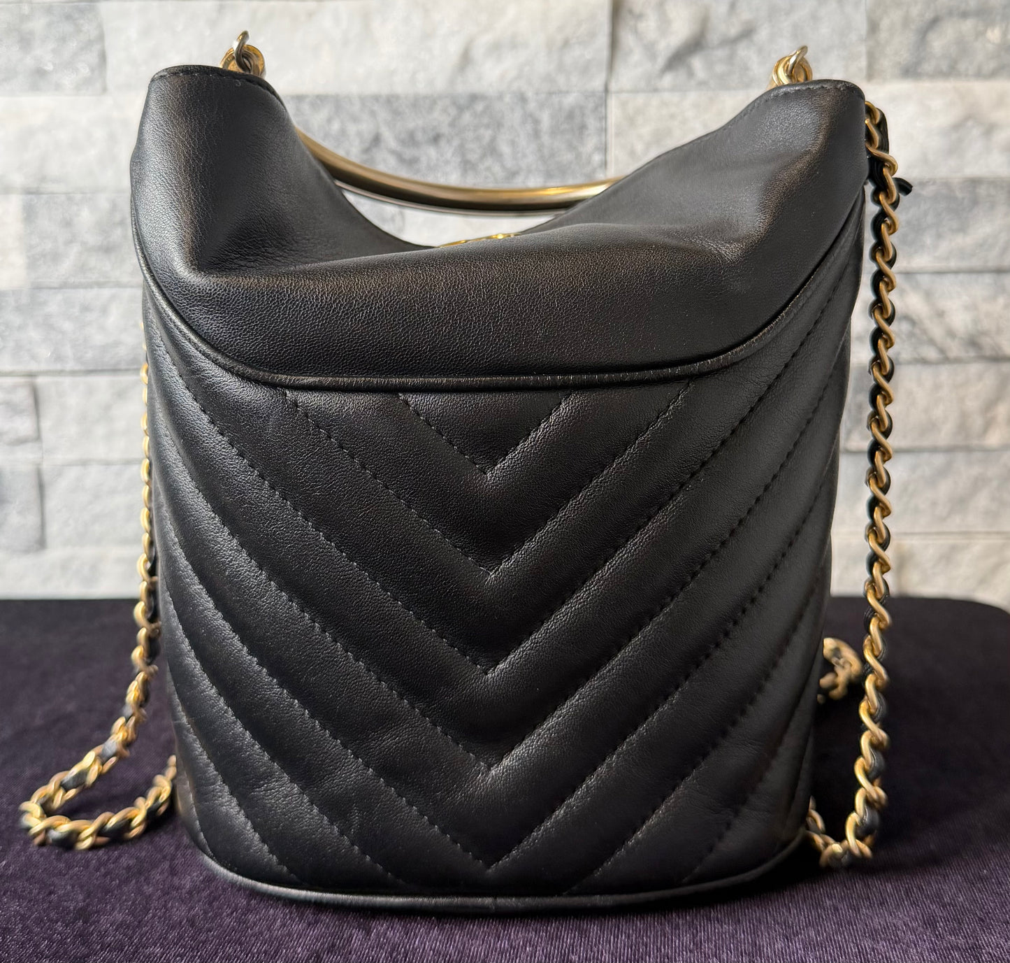Chanel Chic Bucket Bag with Top Handle Black Chevron Lambskin Gold Hardware