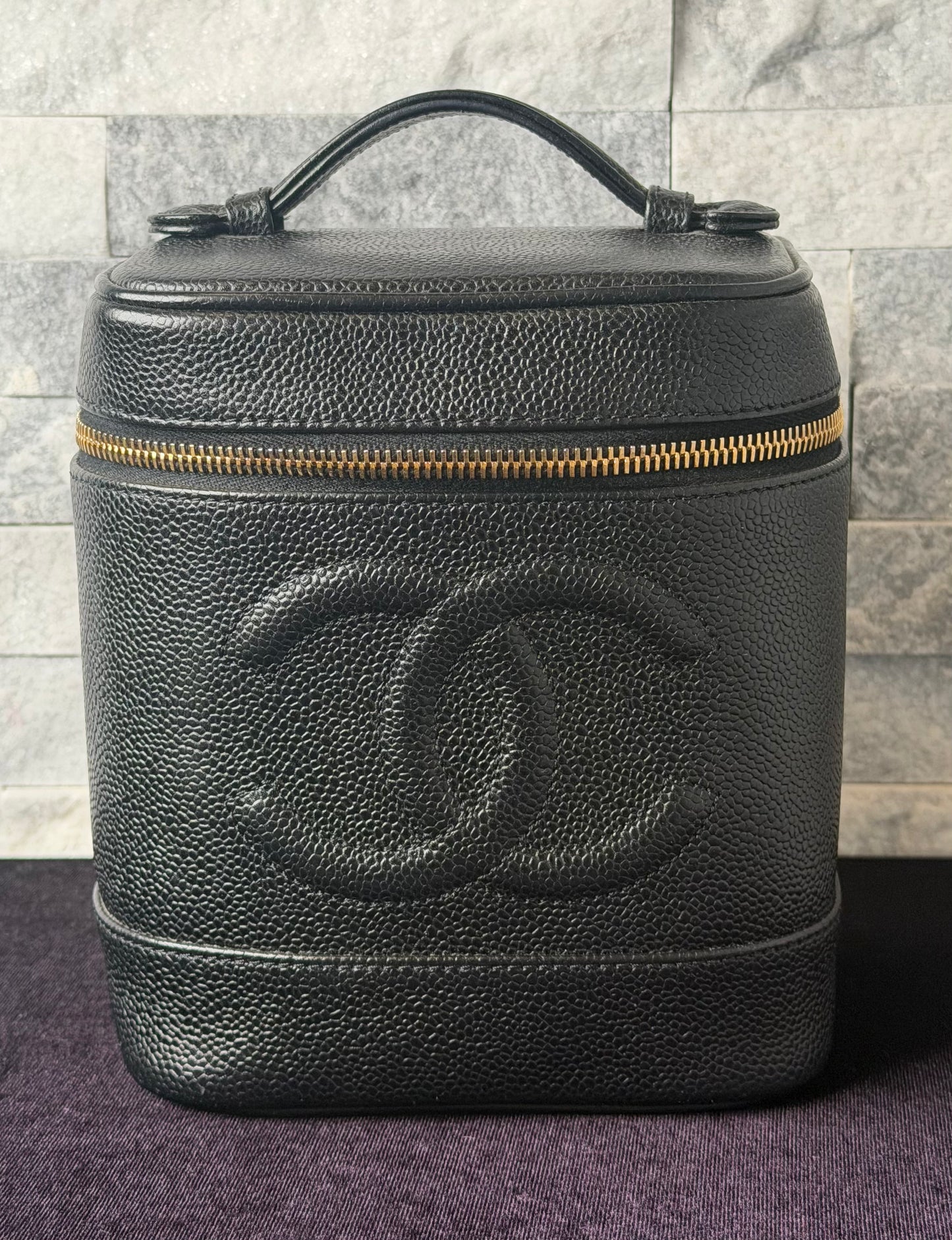 Chanel Timeless Vanity Case Black Caviar Leather Gold Hardware
