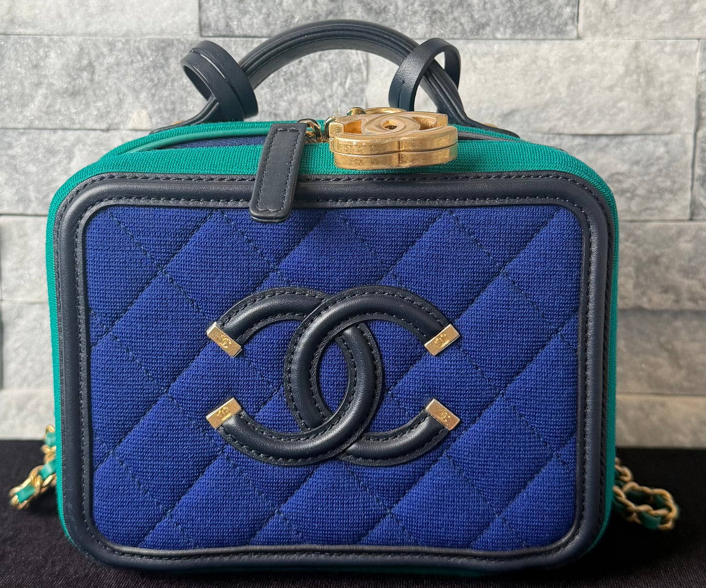 Chanel Small Filigree Vanity Case Blue & Green Quilted Jersey Fabric Black Leather Trim Gold Hardware
