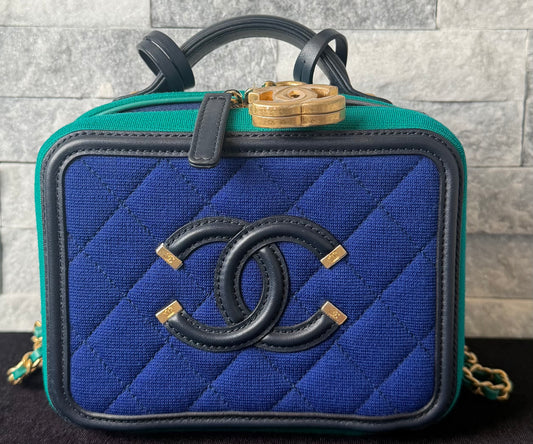 Chanel Small Filigree Vanity Case Blue & Green Quilted Jersey Fabric Black Leather Trim Gold Hardware
