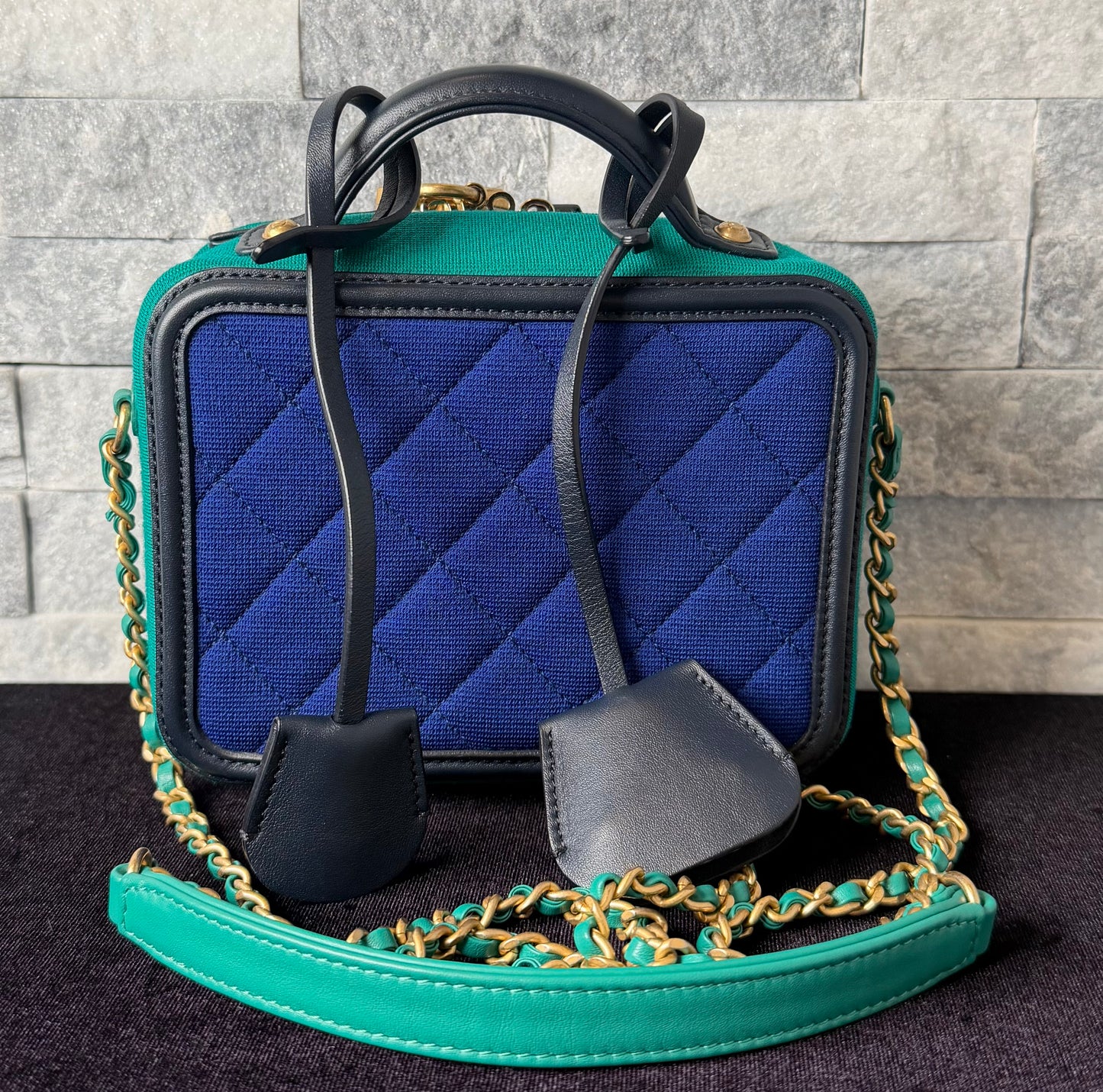 Chanel Small Filigree Vanity Case Blue & Green Quilted Jersey Fabric Black Leather Trim Gold Hardware