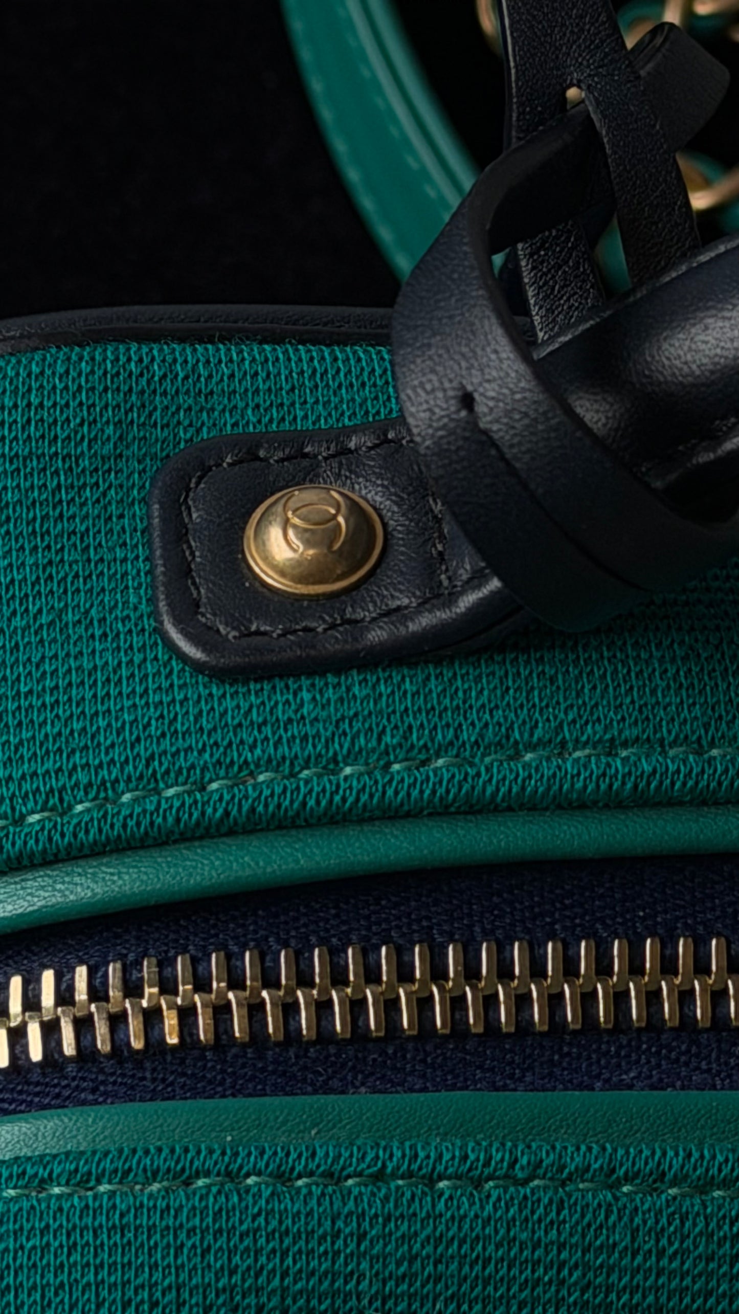 Chanel Small Filigree Vanity Case Blue & Green Quilted Jersey Fabric Black Leather Trim Gold Hardware