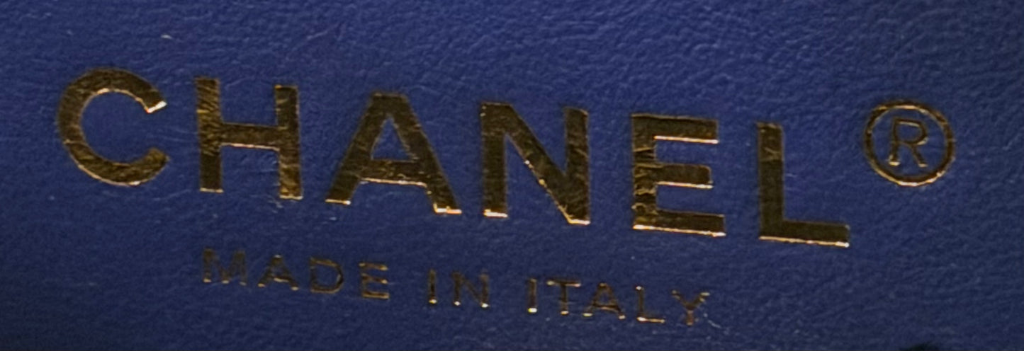 Chanel Small Filigree Vanity Case Blue & Green Quilted Jersey Fabric Black Leather Trim Gold Hardware