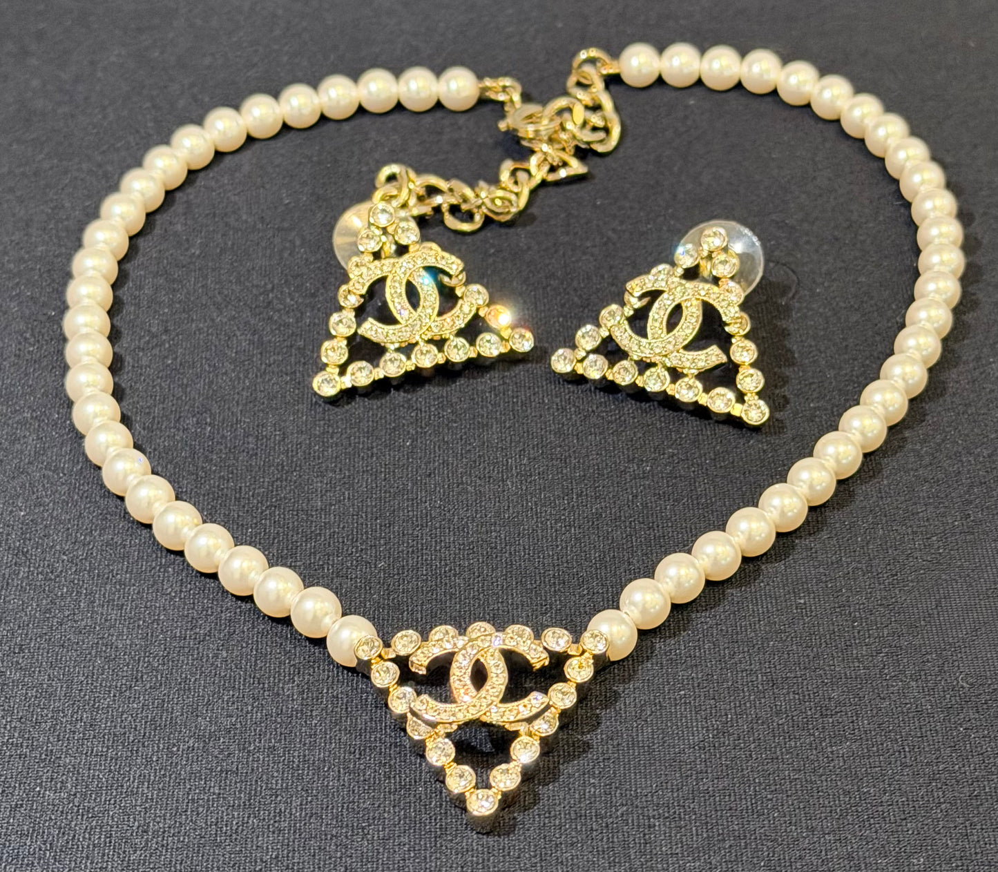 Chanel CC Pearl & Crystal Necklace & Earrings Jewelry Set