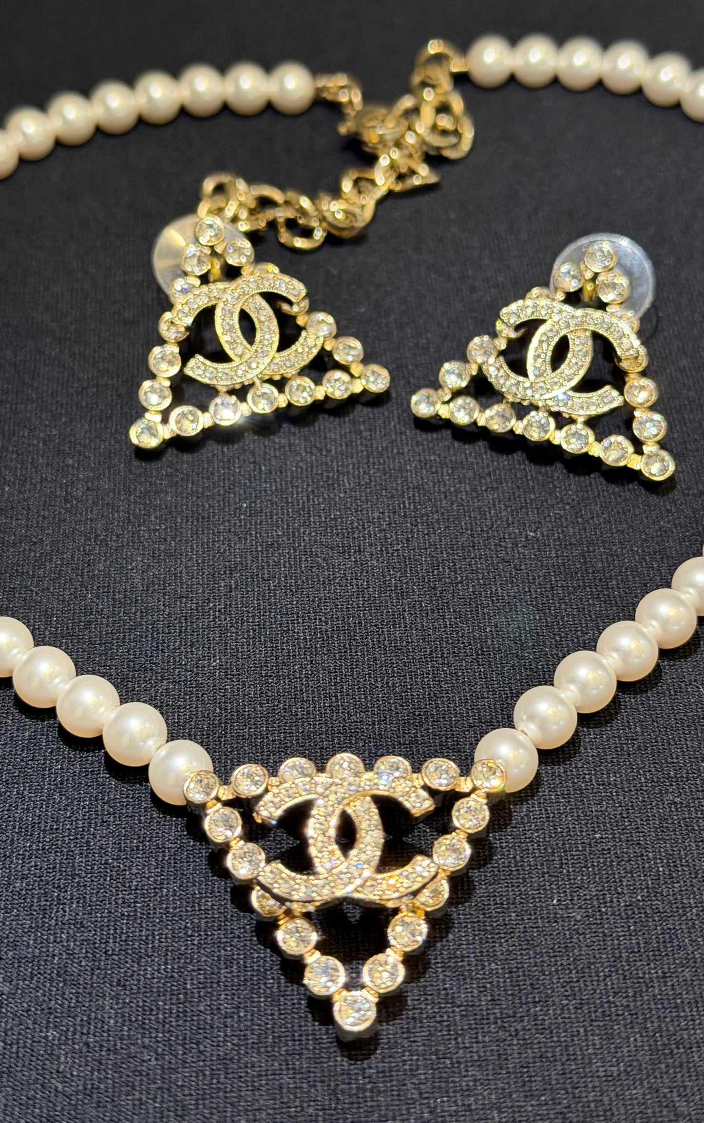 Chanel CC Pearl & Crystal Necklace & Earrings Jewelry Set
