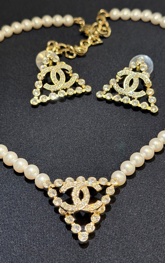 Chanel CC Pearl & Crystal Necklace & Earrings Jewelry Set