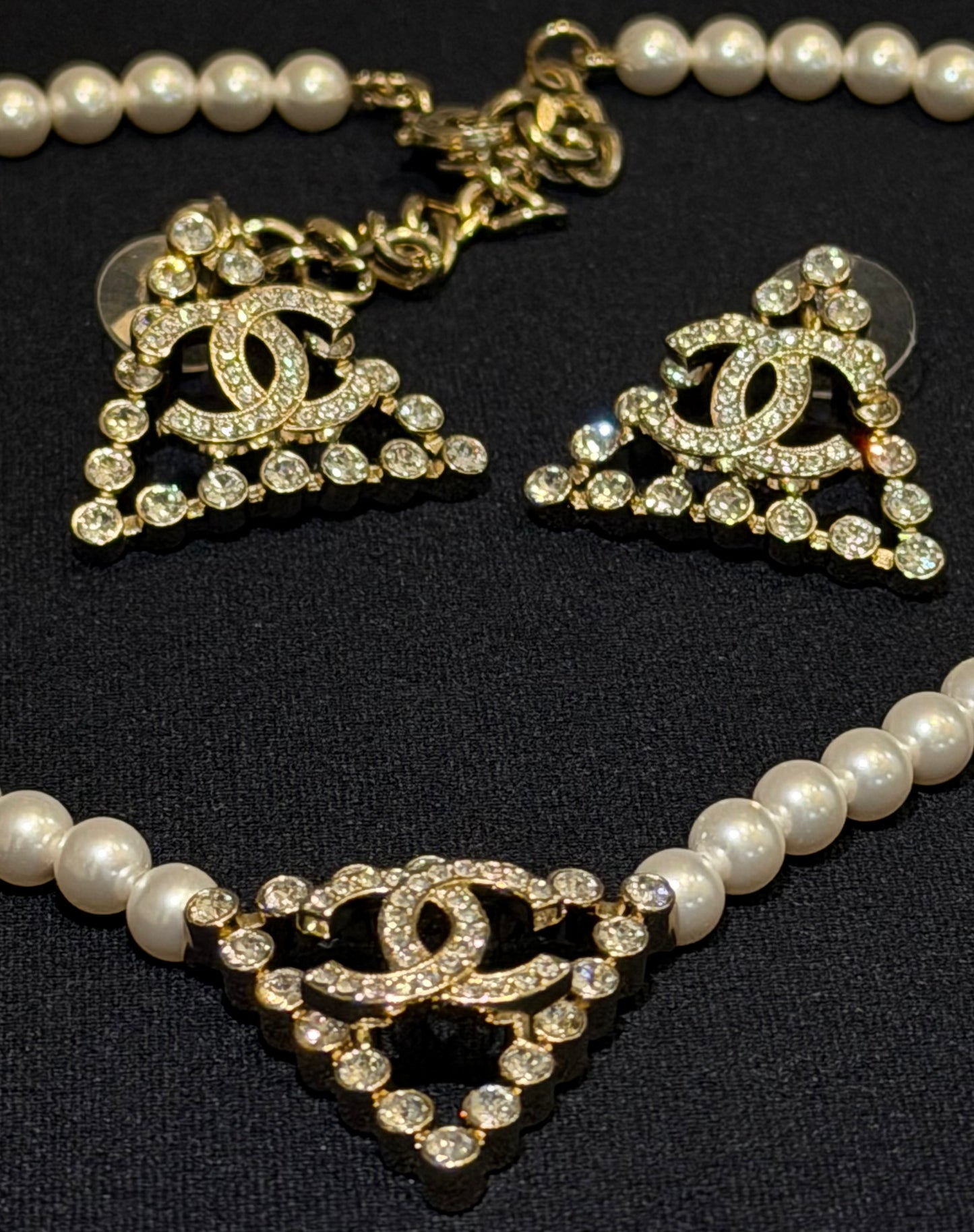 Chanel CC Pearl & Crystal Necklace & Earrings Jewelry Set