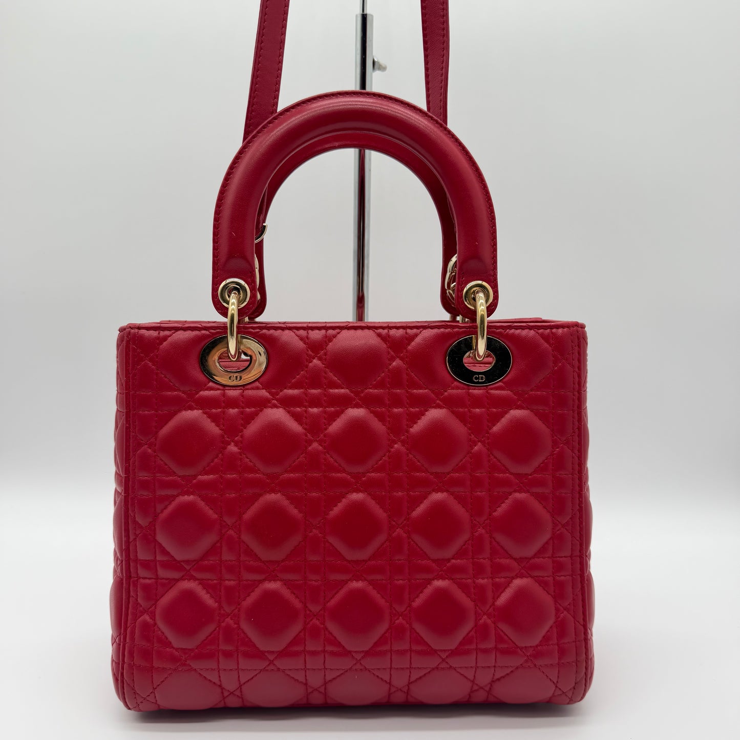 Christian Dior Medium Lady Dior Red Cannage Lambskin Leather Bag