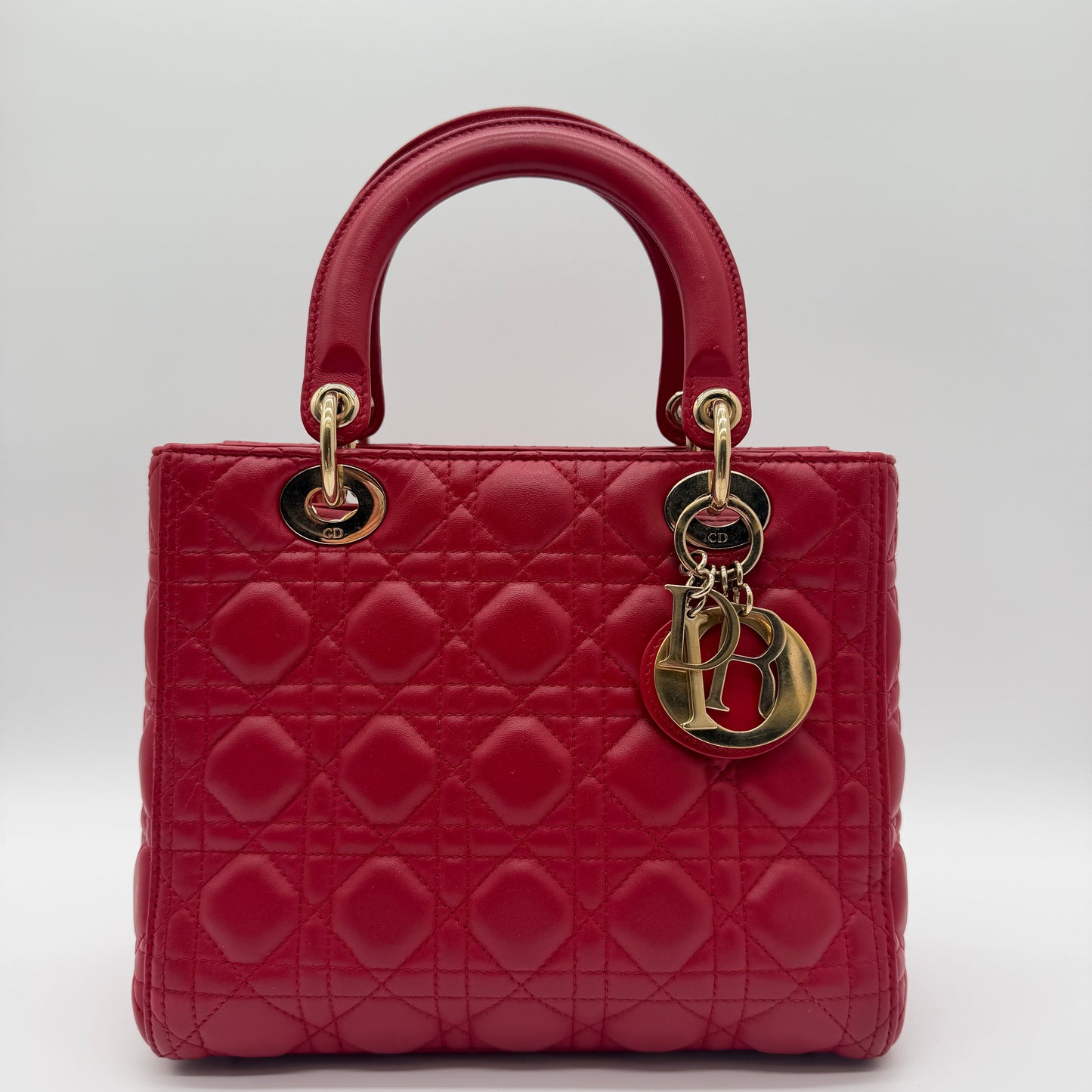 Christian Dior Medium Lady Dior Red Cannage Lambskin Leather Bag