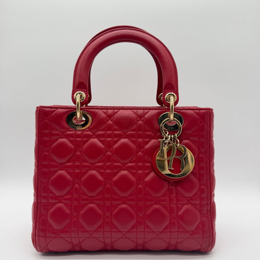 Christian Dior Medium Lady Dior Red Cannage Lambskin Leather Bag