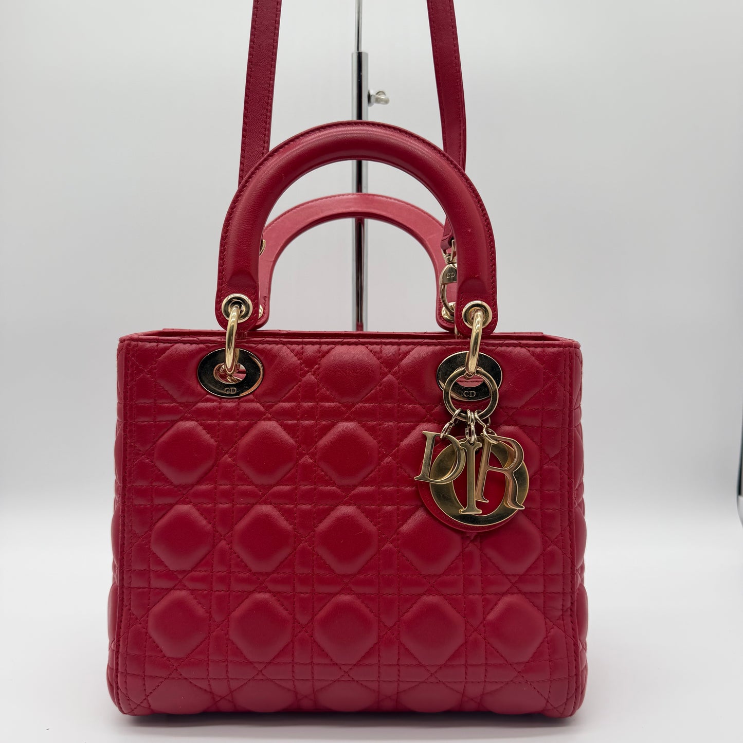 Christian Dior Medium Lady Dior Red Cannage Lambskin Leather Bag